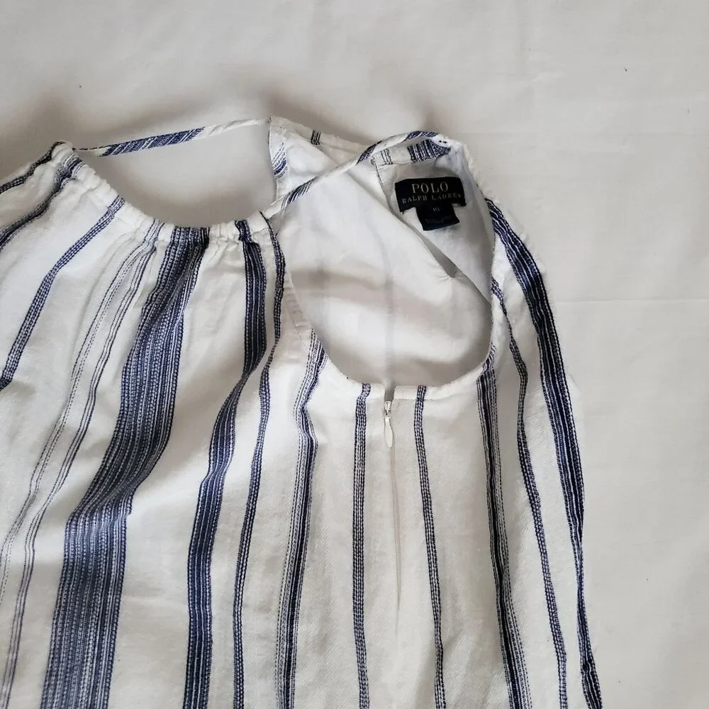 POLO Ralph Lauren Girls Blue Striped High‎ Neck Pom-Pom Hem Sleeveless Top Sz 10
